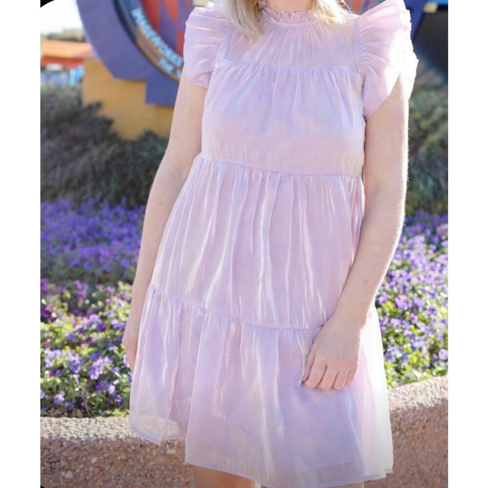 Entro Lavender Iridescent Tiered Ruffle Sleeve Babydoll Mini Dress - Medium